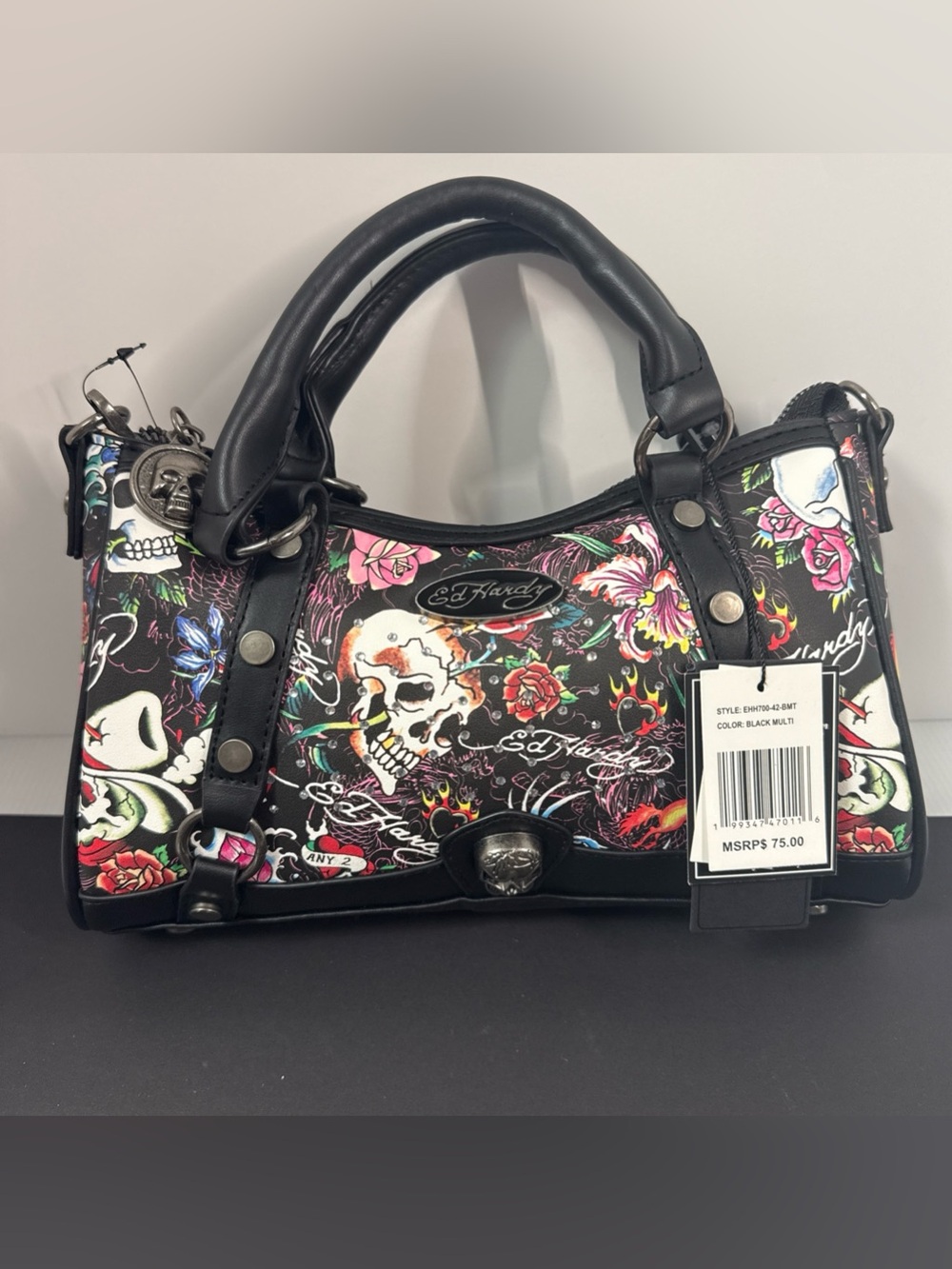 Ed Hardy Black Multi Skull & Floral Satchel with Pink Accents